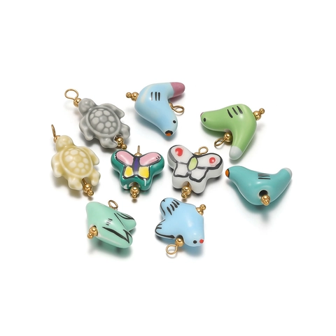 Handmade Painted Ceramic Animal Pendant Charms For DIY Jewelry Making Gold Plated Dove Butterfly Sea Turtle Shape Accessory