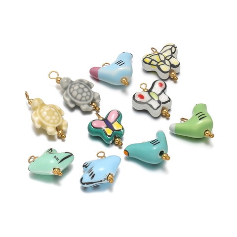 Handmade Painted Ceramic Animal Pendant Charms For DIY Jewelry Making Gold Plated Dove Butterfly Sea Turtle Shape Accessory