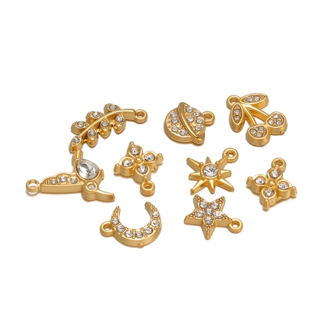 Stainless Steel Rhinestone Pendants Hummingbird Cherry Star Leaf Moon Clover Planet Charm Gold DIY Jewelry Making Findings