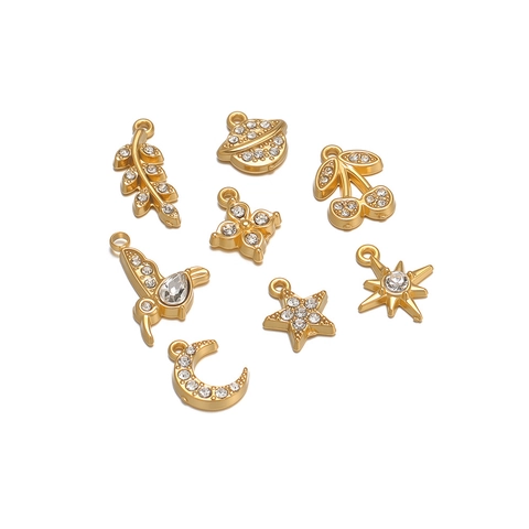 Stainless Steel Rhinestone Pendants Hummingbird Cherry Star Leaf Moon Clover Planet Charm Gold DIY Jewelry Making Findings