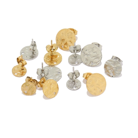 Vintage Hammered Stainless Steel Round Stud Earring Findings With Hole For DIY Jewelry Making Gold Silver Textured Posts