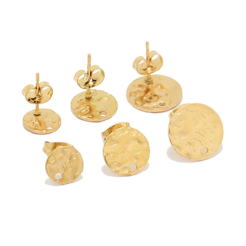 Vintage Hammered Stainless Steel Round Stud Earring Findings With Hole For DIY Jewelry Making Gold Silver Textured Posts