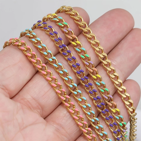 Stainless Steel Curb Chain For Jewelry Making Colorful Enamel Drip Gold Plated Hip Hop DIY Necklace Accessory For Unisex