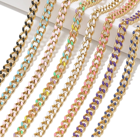Stainless Steel Curb Chain For Jewelry Making Colorful Enamel Drip Gold Plated Hip Hop DIY Necklace Accessory For Unisex