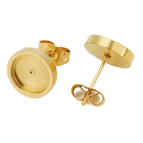 Stainless Steel Round Stud Earring Bezel Settings For Jewelry Making DIY Ear Stud Base With Earring Backs Gold Silver Plated Findings
