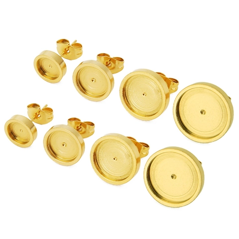 Stainless Steel Round Stud Earring Bezel Settings For Jewelry Making DIY Ear Stud Base With Earring Backs Gold Silver Plated Findings