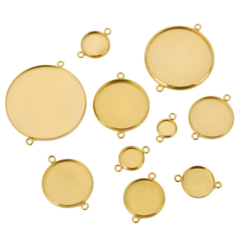 Stainless Steel Round Bezel Pendant Tray Double Loop Connector DIY Jewelry Findings Components Making Accessories