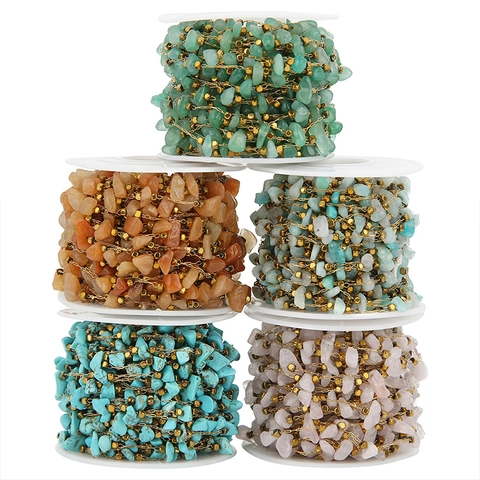 Bohemian Natural Stone Chips Beaded Chain Stainless Steel Gold Plated Square Beads DIY Jewelry Making Handmade Necklace Bracelet Chain Accessories