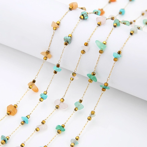 Bohemian Natural Stone Chips Beaded Chain Stainless Steel Gold Plated Square Beads DIY Jewelry Making Handmade Necklace Bracelet Chain Accessories