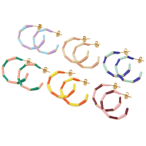 Stainless Steel Bamboo Joint Hoop Earrings Colorful Enamel C-Shaped Drip Oil Stud Earrings For Women Fashion Jewelry