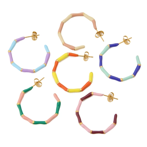 Stainless Steel Bamboo Joint Hoop Earrings Colorful Enamel C-Shaped Drip Oil Stud Earrings For Women Fashion Jewelry