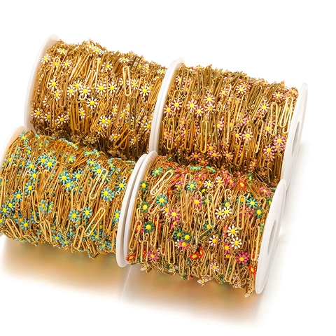 Stainless Steel Enamel Daisy Flower Paperclip Chain DIY Jewelry Making Accessory Multicolored Gold Plated Link Chain For Handcrafting