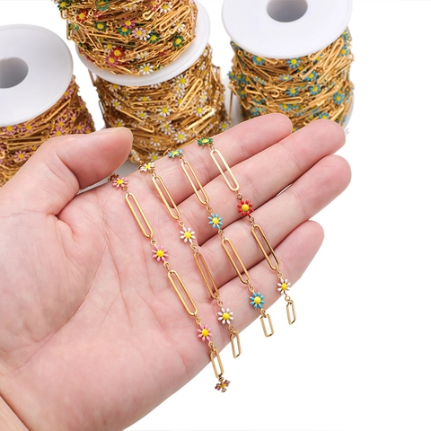 Stainless Steel Enamel Daisy Flower Paperclip Chain DIY Jewelry Making Accessory Multicolored Gold Plated Link Chain For Handcrafting