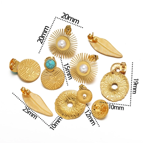 316 Stainless Steel Sun Flower Artificial Pearl Stud Earrings Vintage Gold Feather Geometric Rhinestone Earrings For Women Jewelry