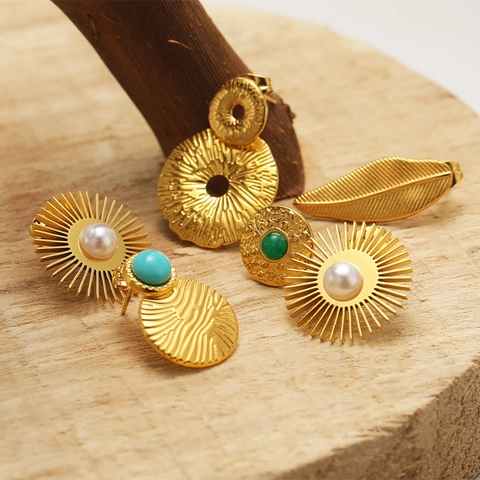 316 Stainless Steel Sun Flower Artificial Pearl Stud Earrings Vintage Gold Feather Geometric Rhinestone Earrings For Women Jewelry