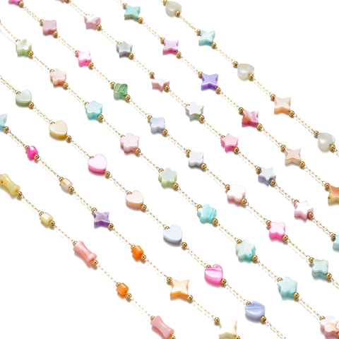 Gold Plated Stainless Steel DIY Chain With Colorful Star Heart Clover Shell Beads Jewelry Making Link Chain For Women