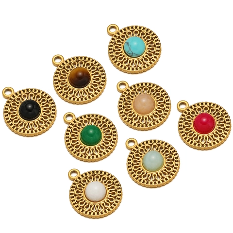 Bohemian Round Stainless Steel Compass Pendant With Natural Stone Gold Plated Hollow Jewelry Making Findings Pendant Only