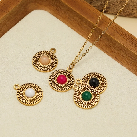 Bohemian Round Stainless Steel Compass Pendant With Natural Stone Gold Plated Hollow Jewelry Making Findings Pendant Only