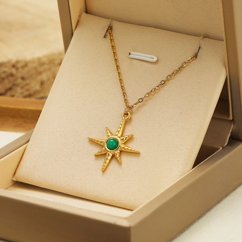 Bohemian Stainless Steel Eight Point Star Pendant Only With Natural Stone Inlaid Gold Plated Compass Star Charm For DIY Jewelry