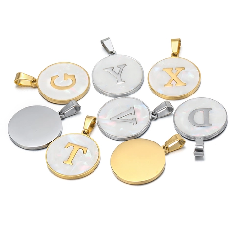 Edelstahl Rundes Alphabet Anhänger Weißes Muschel Inlay 26 Englische Buchstaben Charm Für DIY Halskette Armband Schmuckherstellung