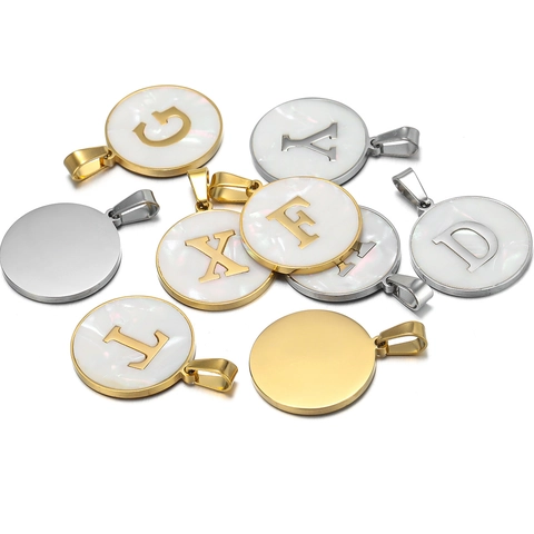 Edelstahl Rundes Alphabet Anhänger Weißes Muschel Inlay 26 Englische Buchstaben Charm Für DIY Halskette Armband Schmuckherstellung