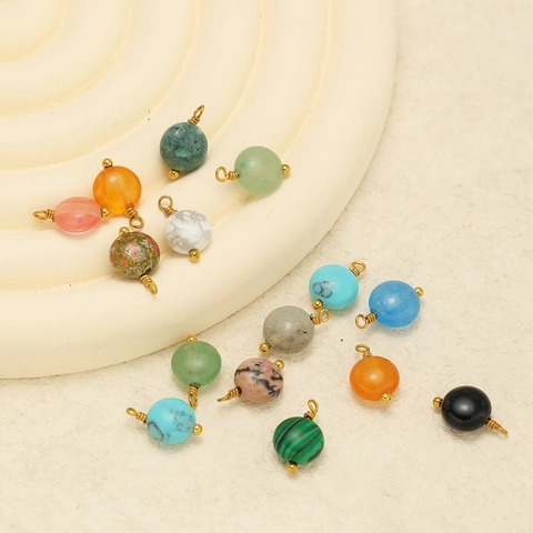 Stainless Steel Natural Stone Round Bead Pendant 8mm Wire Wrapped Charm DIY Necklace Bracelet Jewelry Making Accessories