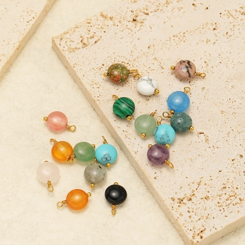 Stainless Steel Natural Stone Round Bead Pendant 8mm Wire Wrapped Charm DIY Necklace Bracelet Jewelry Making Accessories
