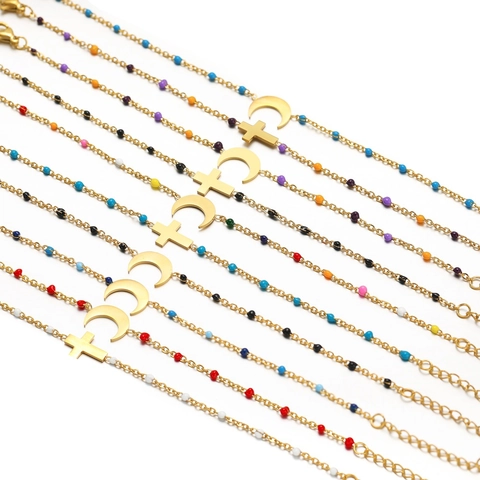 Stainless Steel Enamel Beaded Bracelet Moon Cross Charm Adjustable Fashion Jewelry For Women Men Gold Drip Oil Bracelet
