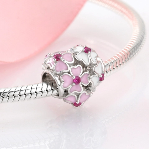 925 Sterling Silver Flower Heart Bead Charm Pink Enamel Rhinestone Sakura For DIY Bracelet Jewelry Making Women Accessories