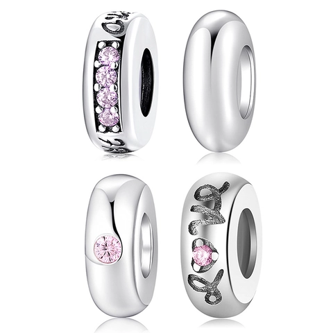 S925 Sterling Silver Pink Rhinestone Spacer Charm Beads Heart Love Music Note Pattern Loose Beads For DIY Bracelet Jewelry Making Women Accessory