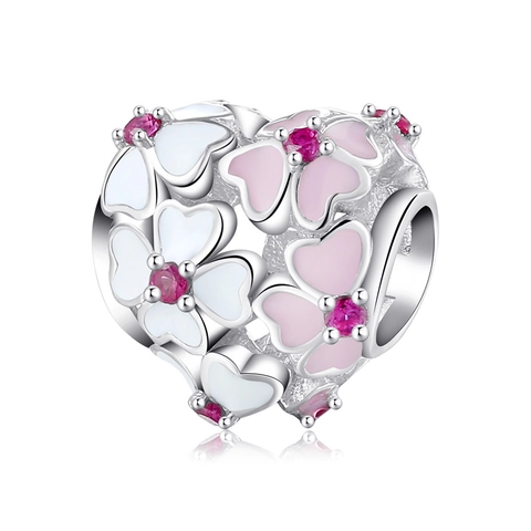 925 Sterling Silver Flower Heart Bead Charm Pink Enamel Rhinestone Sakura For DIY Bracelet Jewelry Making Women Accessories