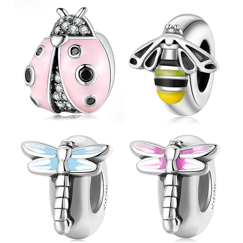 Charms Insectes en Argent Sterling 925 Émaillé Coccinelle Libellule Abeille Perles pour Création de Bijoux DIY Femmes