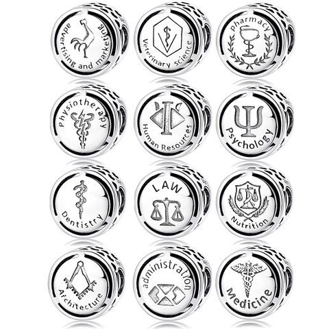 Plata de Ley 925 Carrera Profesional Dijes Cuentas Para DIY Pulseras Corazón Hueco Arquitectura Derecho Medicina Odontología Psicología Regalos