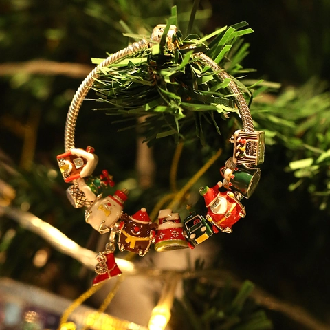925 Sterling Silver Christmas Enamel Charms For DIY Bracelet Making Santa Claus Snowman House Rhinestone Pendants Jewelry Accessories