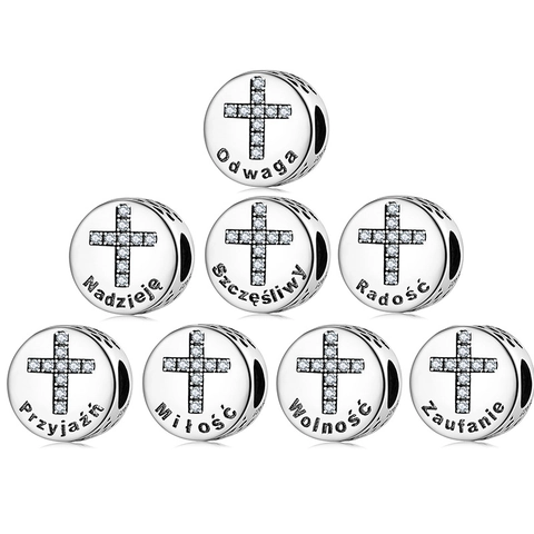 925 Sterling Silver Cross Charm Bead Polish Inscription Hope Faith Courage Zirconia Inlaid DIY Jewelry Bracelet Accessories