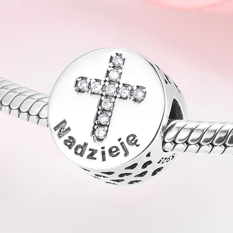 925 Sterling Silver Cross Charm Bead Polish Inscription Hope Faith Courage Zirconia Inlaid DIY Jewelry Bracelet Accessories