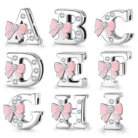 925 Sterling Silver Pink Bow Alphabet Initial Letter Charms Sparkling Zirconia Beads For DIY Bracelet Jewelry Making Women