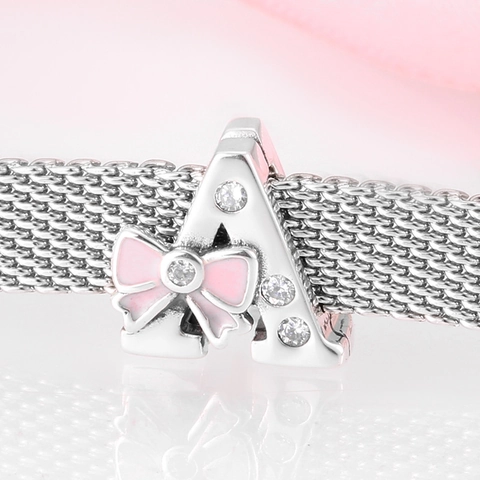 925 Sterling Silver Pink Bow Alphabet Initial Letter Charms Sparkling Zirconia Beads For DIY Bracelet Jewelry Making Women