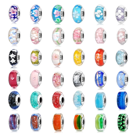S925 Sterling Silver Core Murano Glass Beads Floral Heart Patterns Charms For DIY Bracelets Women Jewelry Making Accessory