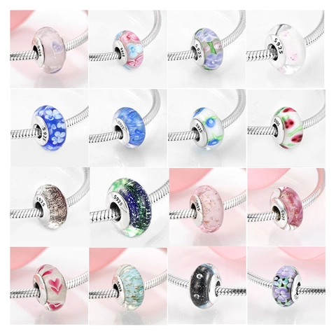 925 Sterling Silver Core Lampwork Glass Charm Beads Flower Petal Heart Starry Sky Pattern DIY Bracelet Jewelry Findings For Women
