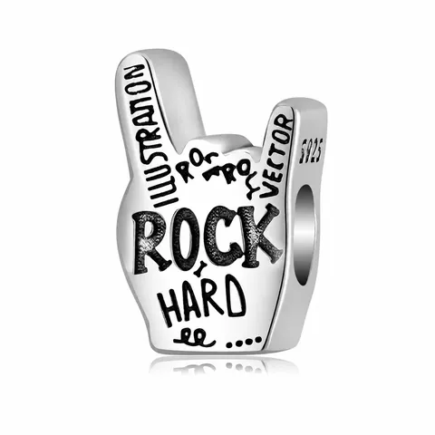 925 Sterling Silver Rock Hand Gesture Charm Rock Hard Lettering Sign Of The Horns DIY Bead For Bracelet Necklace Making