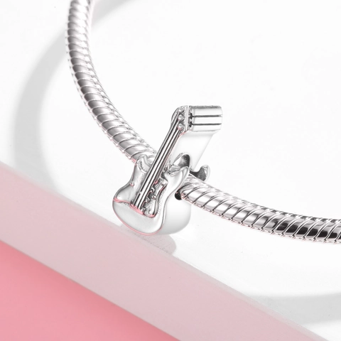 Charm a Bottone in Argento Sterling 925 a Forma di Chitarra Elettrica Rock DIY per Braccialetti e Collane