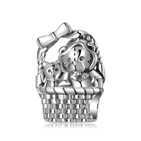 Teddy Bear In Basket Charm S925 Sterling Silver Cute Animal Pendant DIY Jewelry Making Accessory For Bracelets Necklaces