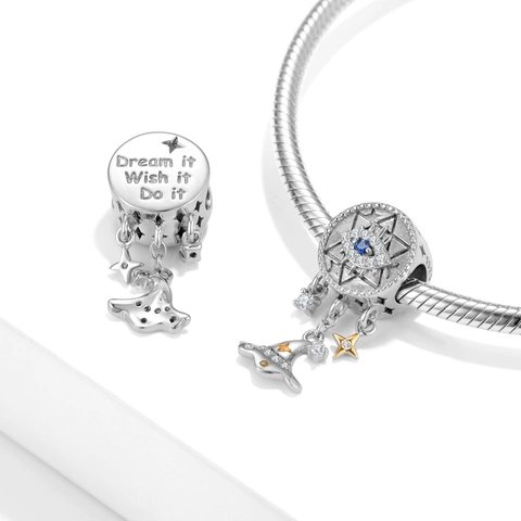 Charm Atrapasueños de Ojo Turco en Plata de Ley 925 Con Circonita Azul Sombrero de Mago Estrella para Pulsera DIY Joyería Halloween