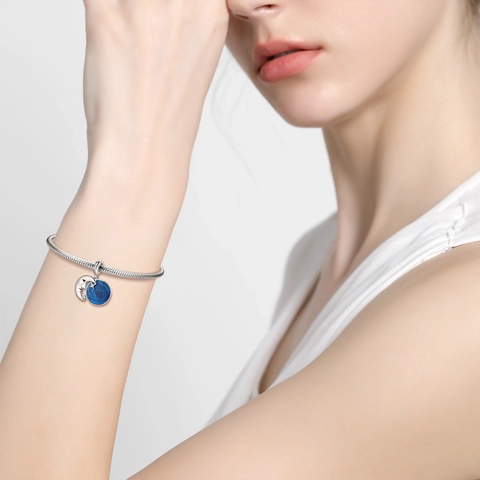 925 Sterlingsilber Charm Sternenhimmel Mond Stern Anhänger Blau Emaille Strass Eingelegte Perle Für Armband Halskette Damen Schmuck