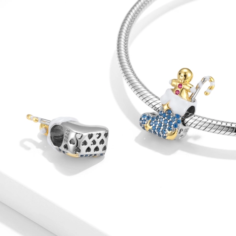 925 Sterling Silver Christmas Sock Charm Gingerbread Man Candy Cane Zirconia Pendant For DIY Bracelet Necklace Women Jewelry