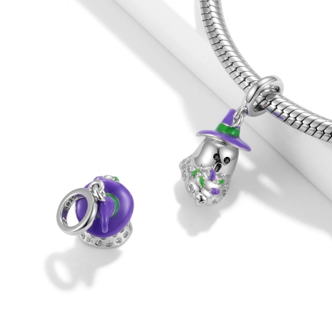 925 Sterling Silver Ghost Pendant Charm With Purple Witch Hat Enamel Rhinestone Halloween DIY Jewelry For Bracelets