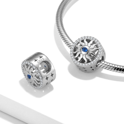 Abalorio de Plata de Ley 925 Sol Ojo Turco Con Zirconia Azul Incrustada Estrella Calada Accesorio DIY Para Joyería