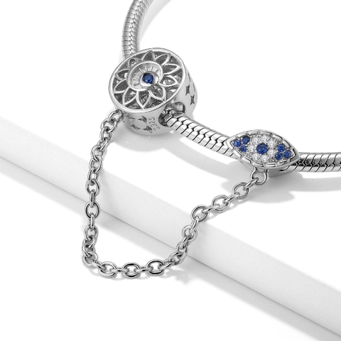 Charm de Cadena de Seguridad de Ojo Turco de Plata de Ley 925 Con Zirconia Cúbica Azul para Pulsera Joyería para Mujer