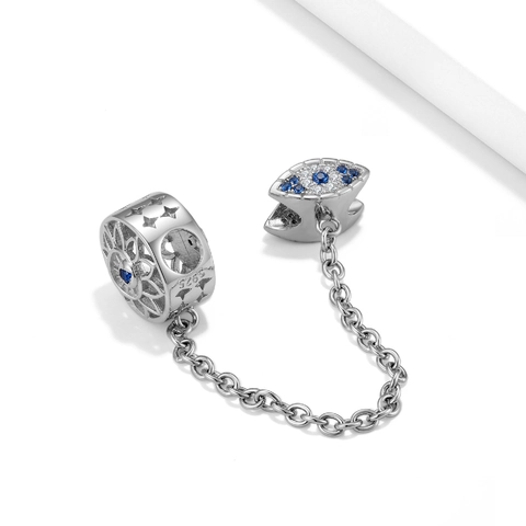Charm de Cadena de Seguridad de Ojo Turco de Plata de Ley 925 Con Zirconia Cúbica Azul para Pulsera Joyería para Mujer
